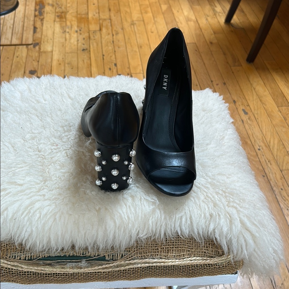DKNY Black Peep Toe Heels with Pearl Accents
